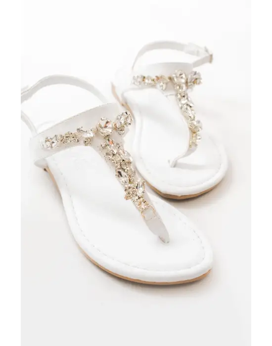 Beyaz Gümüş Taşlı Parmak Arası Kadın Sandalet
