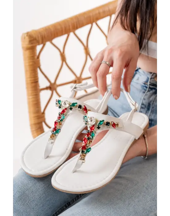 152-1110 Beyaz Multi Taşlı Parmak Arası Kadın Sandalet