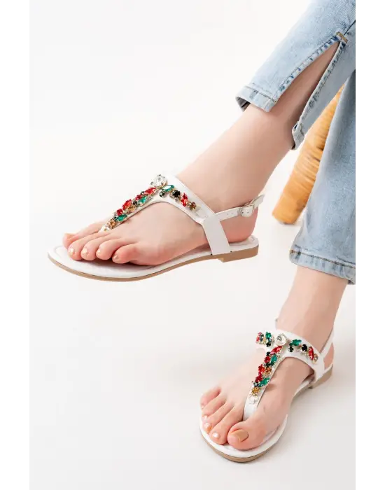 Beyaz Multi Taşlı Parmak Arası Kadın Sandalet