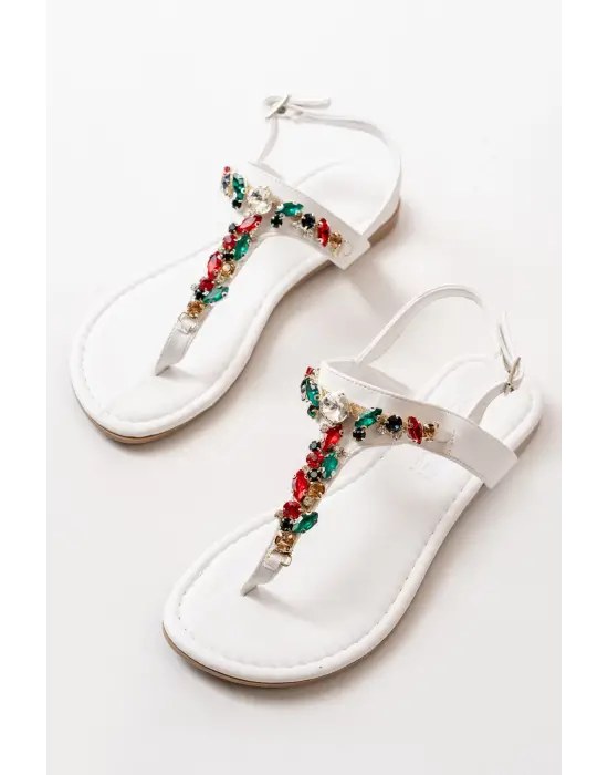 152-1110 Beyaz Multi Taşlı Parmak Arası Kadın Sandalet