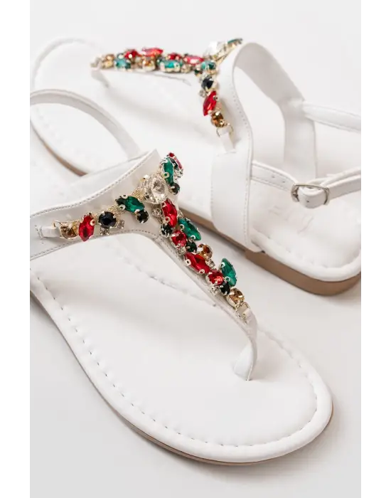 Beyaz Multi Taşlı Parmak Arası Kadın Sandalet