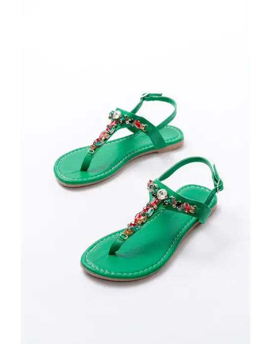 152-1110 Çimen Yeşili Multi Taşlı Parmak Arası Kadın Sandalet