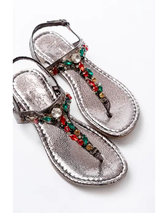 152-1110 Platin Multi  Taşlı Parmak Arası Kadın Sandalet