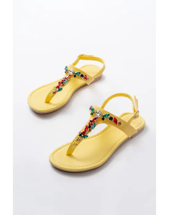 152-1110 Sarı Multi Taşlı Parmak Arası Kadın Sandalet