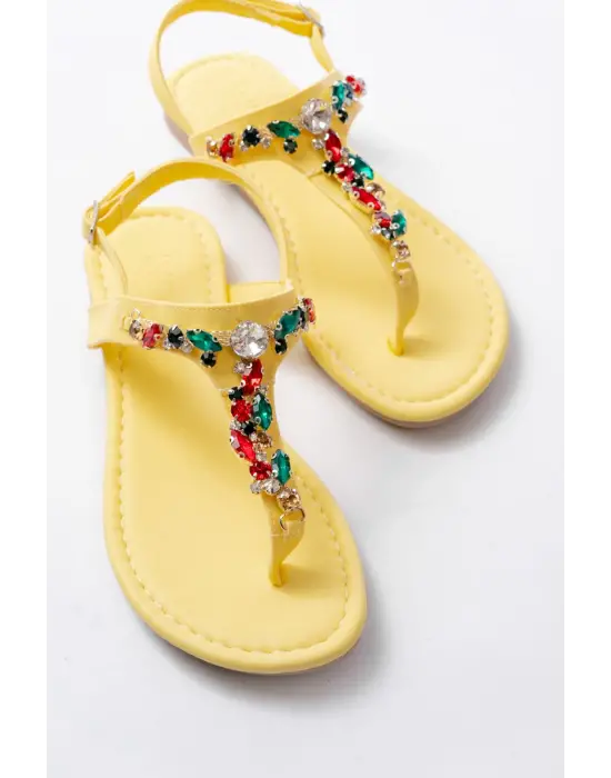 152-1110 Sarı Multi Taşlı Parmak Arası Kadın Sandalet