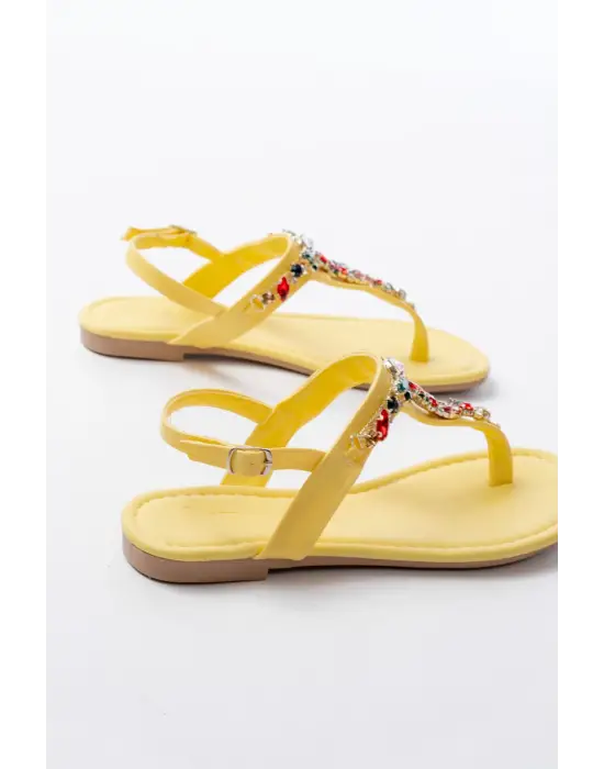 152-1110 Sarı Multi Taşlı Parmak Arası Kadın Sandalet