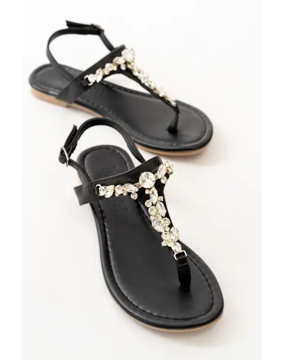 Siyah Gümüş Taşlı Parmak Arası Kadın Sandalet