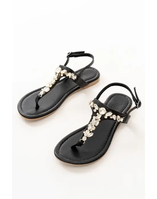 Siyah Gümüş Taşlı Parmak Arası Kadın Sandalet
