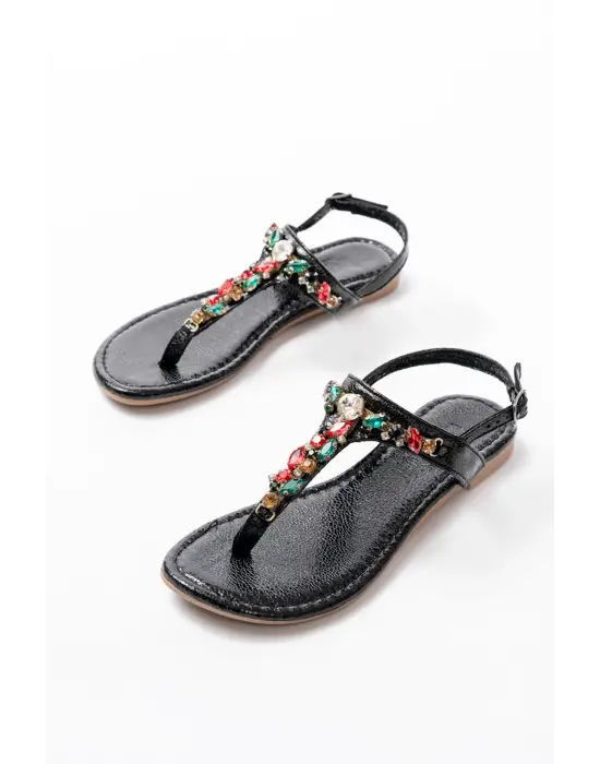 152-1110 Siyah Multi Cam Kırığı Taşlı Parmak Arası Kadın Sandalet