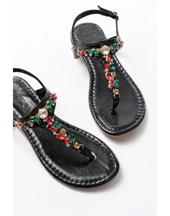 152-1110 Siyah Multi Cam Kırığı Taşlı Parmak Arası Kadın Sandalet