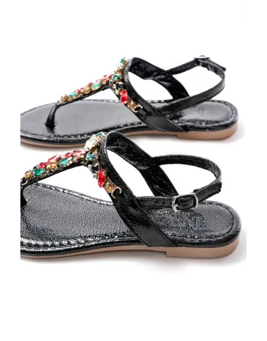 152-1110 Siyah Multi Cam Kırığı Taşlı Parmak Arası Kadın Sandalet