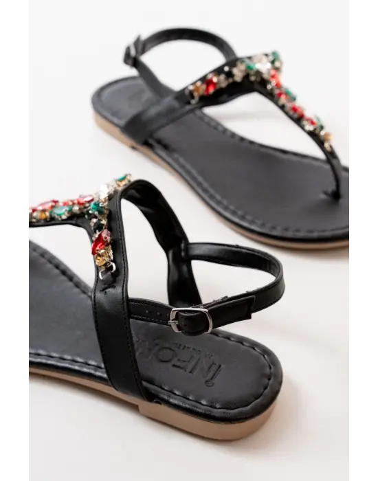 152-1110 Siyah Multi Taşlı Parmak Arası Kadın Sandalet