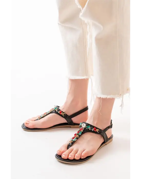 Siyah Multi Taşlı Parmak Arası Kadın Sandalet