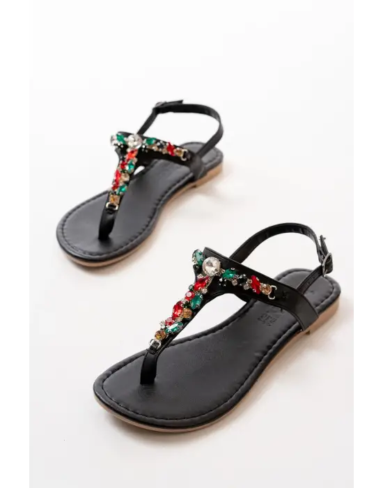 152-1110 Siyah Multi Taşlı Parmak Arası Kadın Sandalet