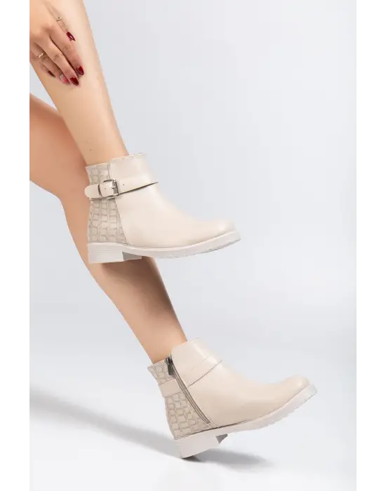 165-204/1 Bej Kroko Toka Aksesuarlı Fermuarlı Günlük Kadın Bot