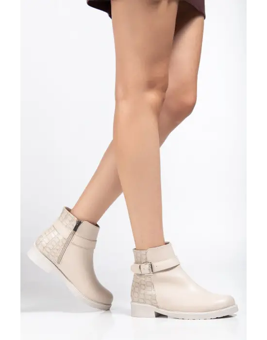 165-204/1 Bej Kroko Toka Aksesuarlı Fermuarlı Günlük Kadın Bot