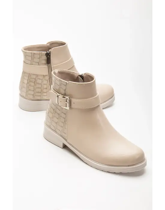165-204/1 Bej Kroko Toka Aksesuarlı Fermuarlı Günlük Kadın Bot