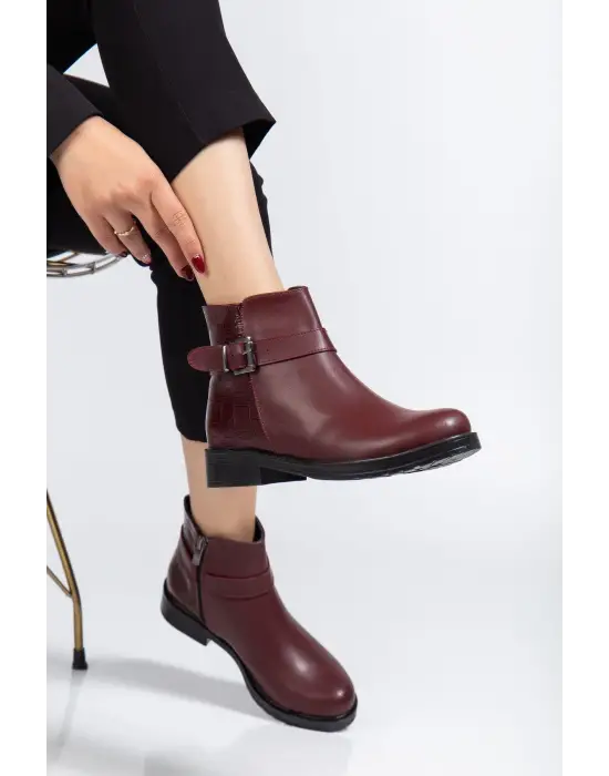 165-204/1 Bordo Kroko Toka Aksesuarlı Fermuarlı Günlük Kadın Bot