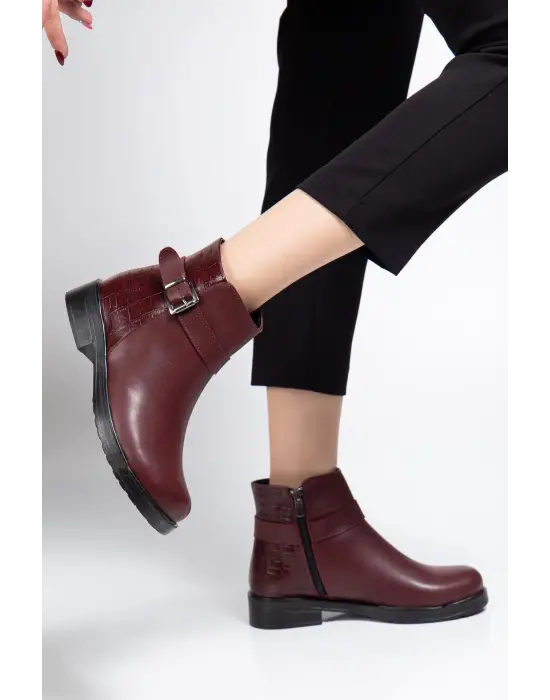 165-204/1 Bordo Kroko Toka Aksesuarlı Fermuarlı Günlük Kadın Bot