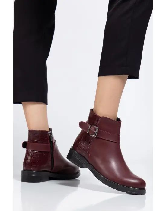 165-204/1 Bordo Kroko Toka Aksesuarlı Fermuarlı Günlük Kadın Bot