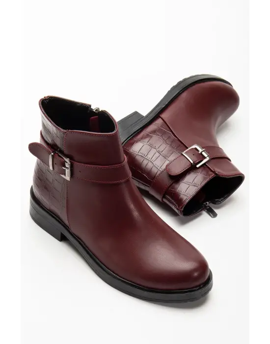 165-204/1 Bordo Kroko Toka Aksesuarlı Fermuarlı Günlük Kadın Bot