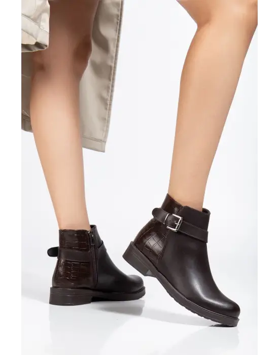165-204/1 Kahve Kroko Toka Aksesuarlı Fermuarlı Günlük Kadın Bot