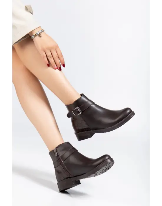 165-204/1 Kahve Kroko Toka Aksesuarlı Fermuarlı Günlük Kadın Bot