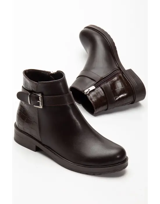 165-204/1 Kahve Kroko Toka Aksesuarlı Fermuarlı Günlük Kadın Bot