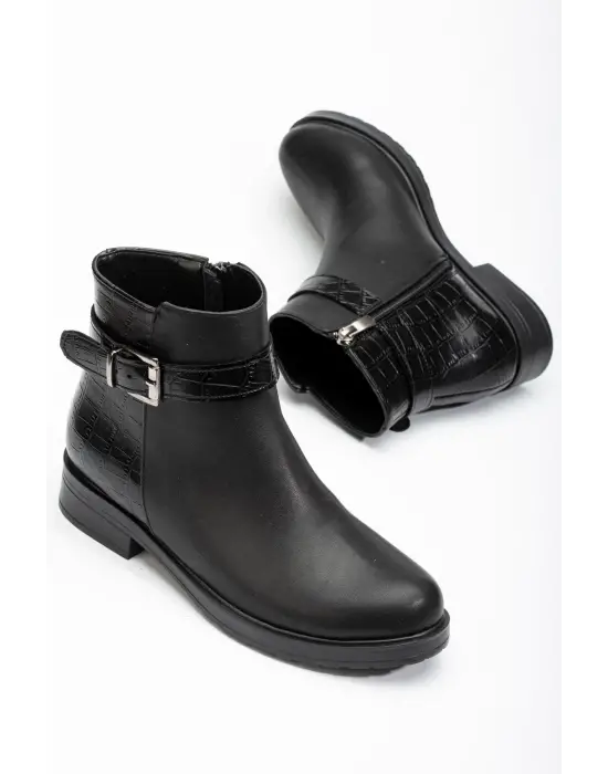 Siyaha Kroko Toka Aksesuarlı Fermuarlı Günlük Kadın Bot