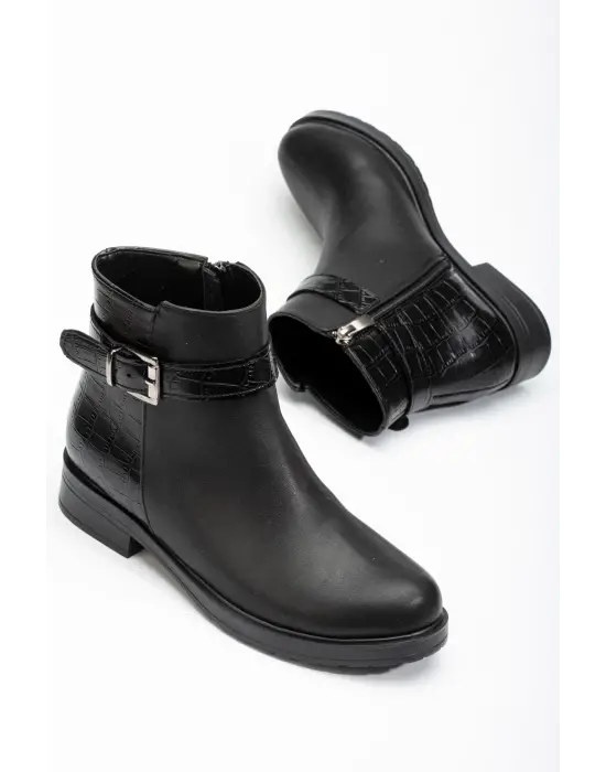 165-204/1 Siyaha Kroko Toka Aksesuarlı Fermuarlı Günlük Kadın Bot