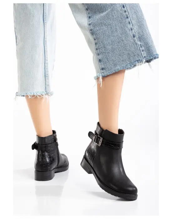 Siyaha Kroko Toka Aksesuarlı Fermuarlı Günlük Kadın Bot