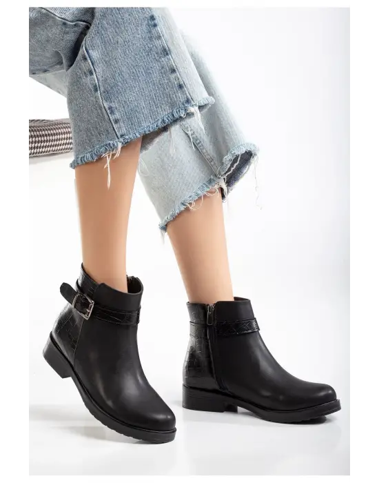 165-204/1 Siyaha Kroko Toka Aksesuarlı Fermuarlı Günlük Kadın Bot