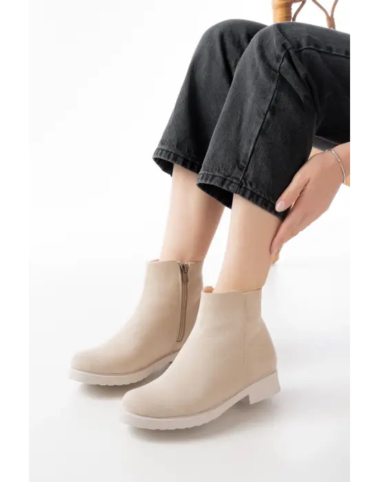 Bej Süet Fermuarlı Günlük Kadın Bot