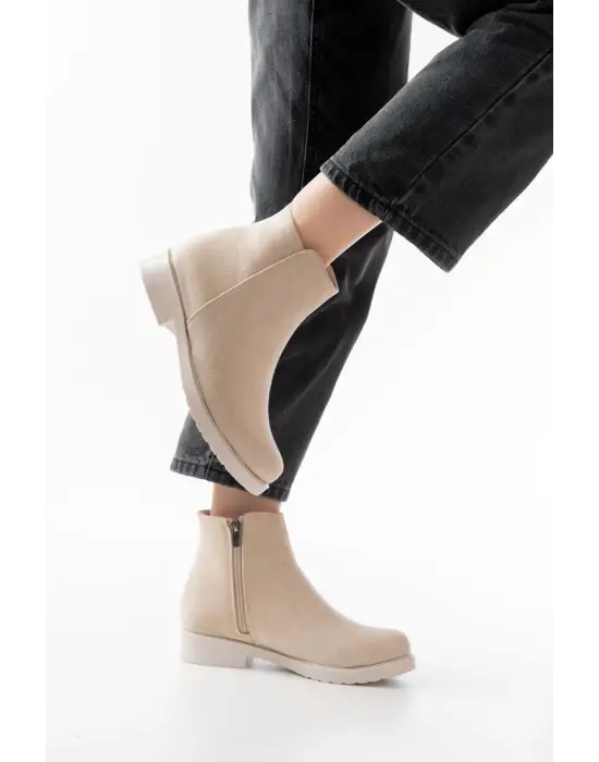 Bej Süet Fermuarlı Günlük Kadın Bot