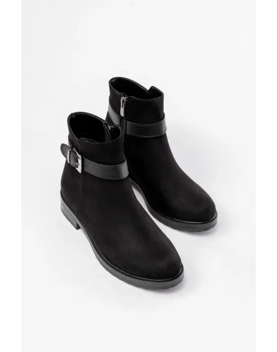 Siyah Süet Toka Aksesuarlı Fermuarlı Günlük Kadın Bot
