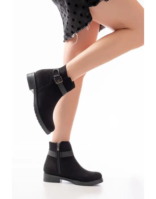 Siyah Süet Toka Aksesuarlı Fermuarlı Günlük Kadın Bot
