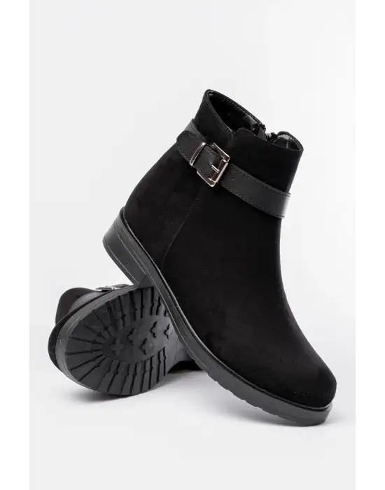 Siyah Süet Toka Aksesuarlı Fermuarlı Günlük Kadın Bot