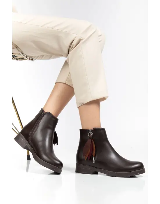 165-205 Kahve Yaprak Desenli Fermuarlı Günlük Kadın Bot - Kopya