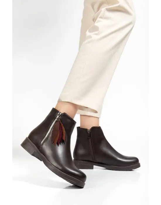 165-205 Kahve Yaprak Desenli Fermuarlı Günlük Kadın Bot - Kopya