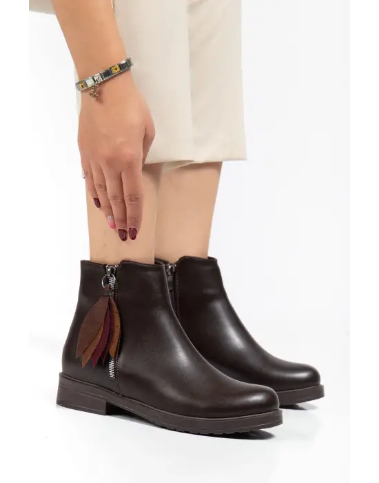 165-205 Kahve Yaprak Desenli Fermuarlı Günlük Kadın Bot - Kopya