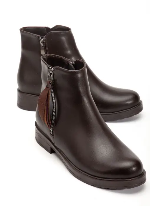 165-205 Kahve Yaprak Desenli Fermuarlı Günlük Kadın Bot - Kopya