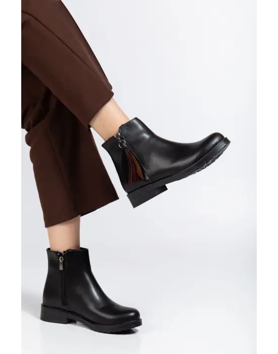 165-205 Siyah Cilt Yaprak Desenli Fermuarlı Günlük Kadın Bot