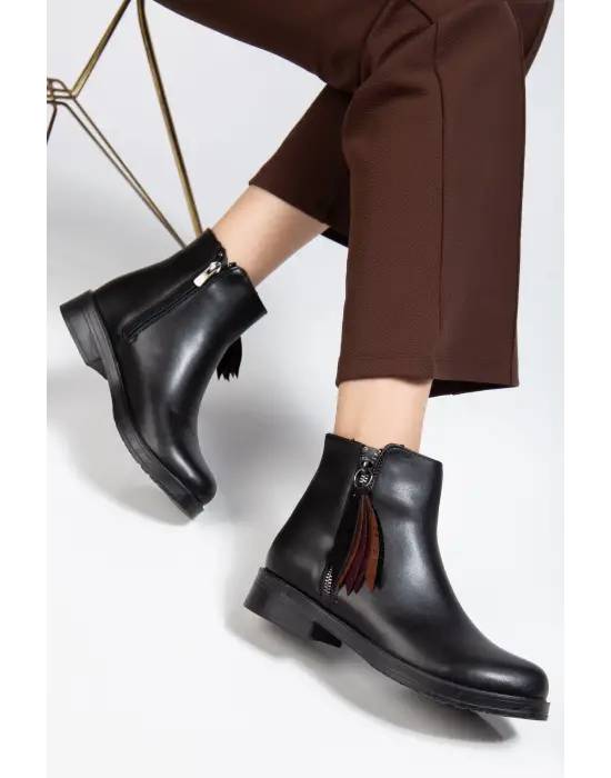 165-205 Siyah Cilt Yaprak Desenli Fermuarlı Günlük Kadın Bot