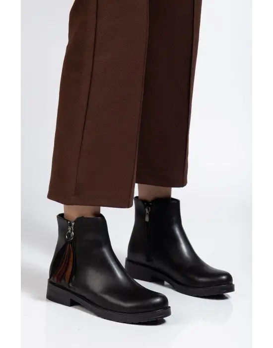 165-205 Siyah Cilt Yaprak Desenli Fermuarlı Günlük Kadın Bot