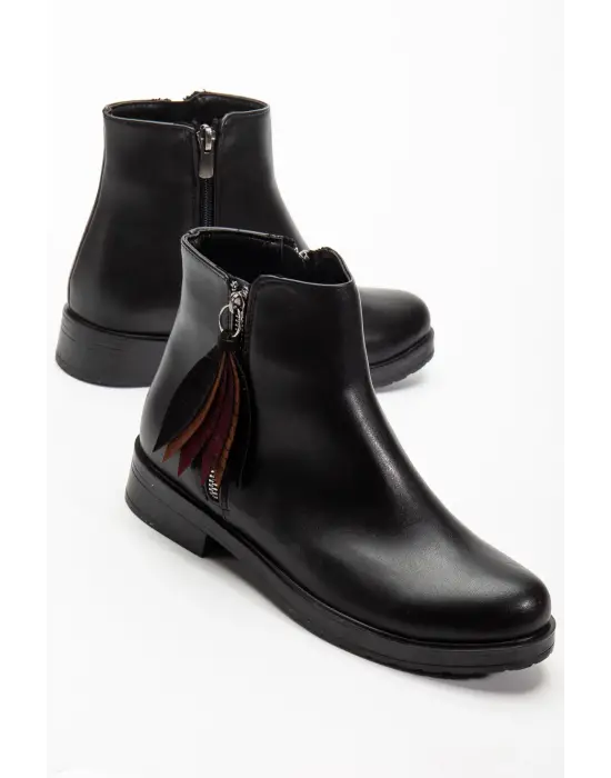 165-205 Siyah Cilt Yaprak Desenli Fermuarlı Günlük Kadın Bot