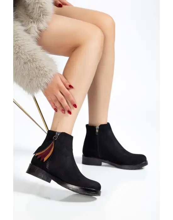 165-205 Siyah Süet Yaprak Desenli Fermuarlı Günlük Kadın Bot