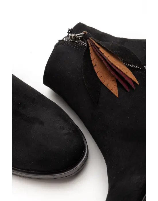 165-205 Siyah Süet Yaprak Desenli Fermuarlı Günlük Kadın Bot