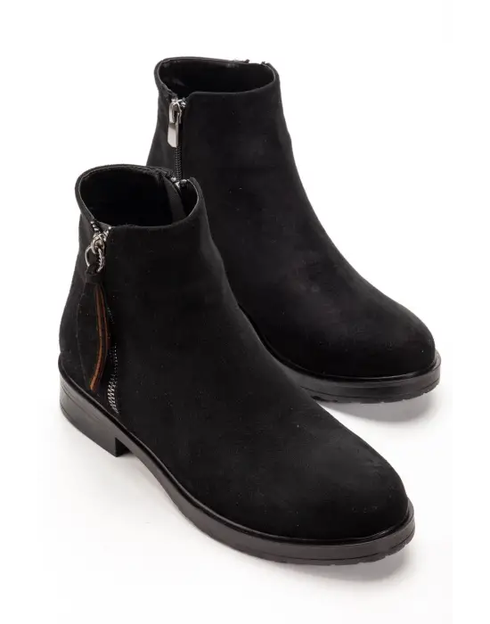 165-205 Siyah Süet Yaprak Desenli Fermuarlı Günlük Kadın Bot