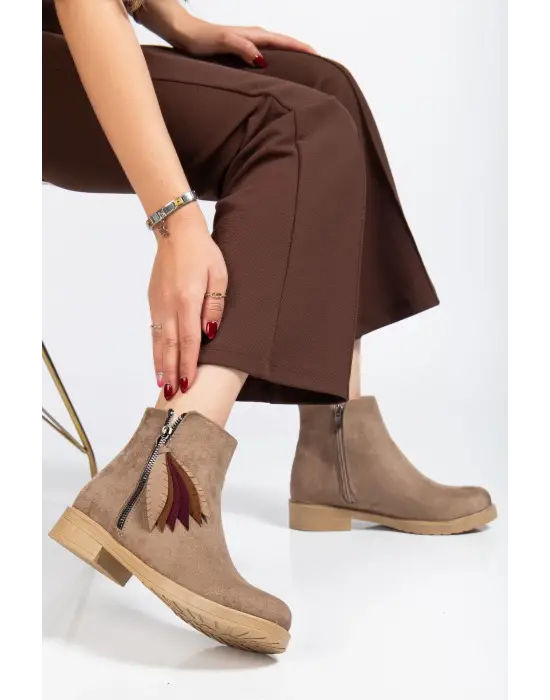 165-205 Vizon Süet  Yaprak Desenli Fermuarlı Günlük Kadın Bot