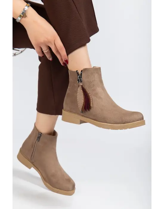 165-205 Vizon Süet  Yaprak Desenli Fermuarlı Günlük Kadın Bot